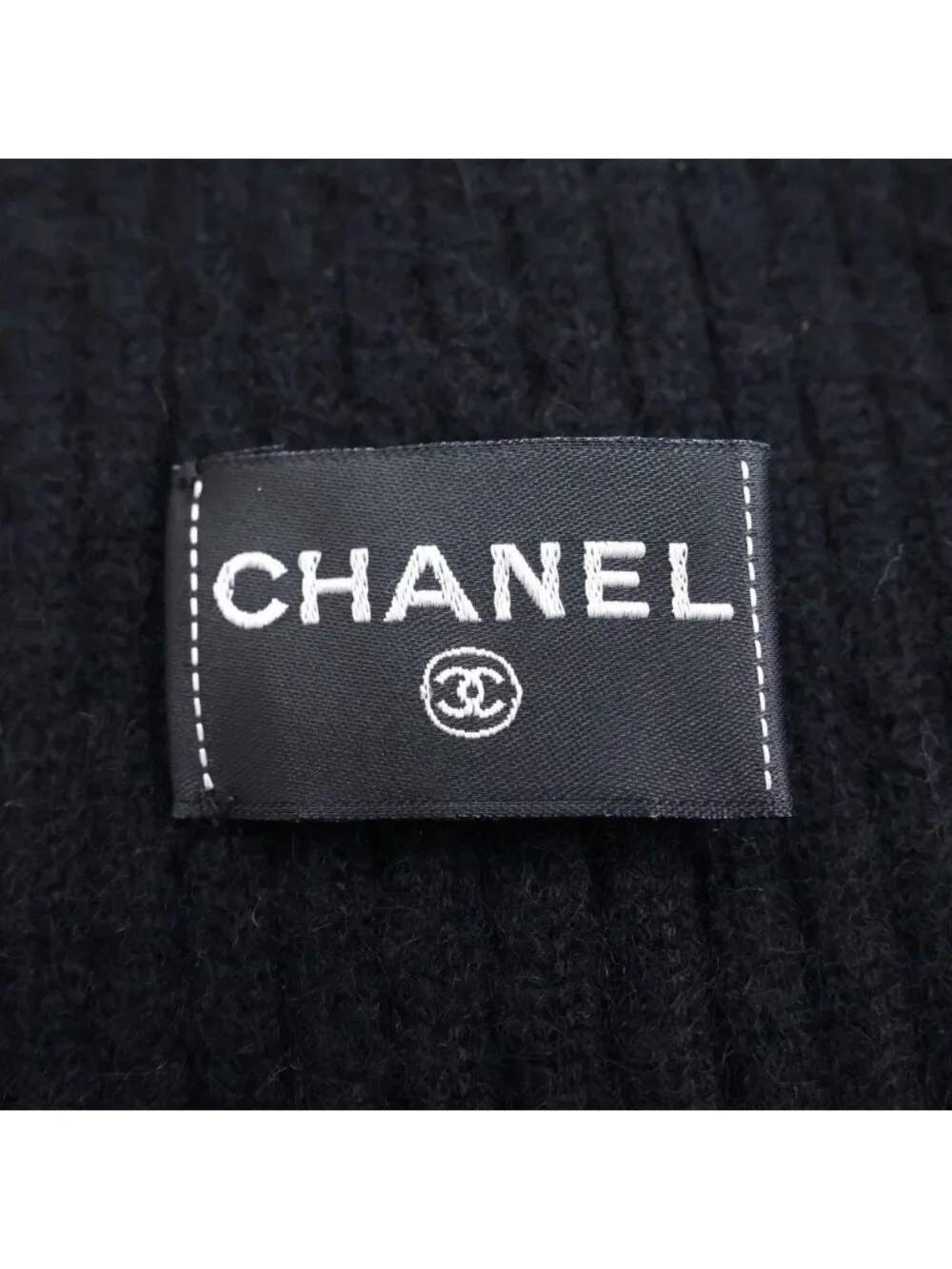Chanel Cashmere Stall Logo Embroidery Ribbed Shawl Scarf Black